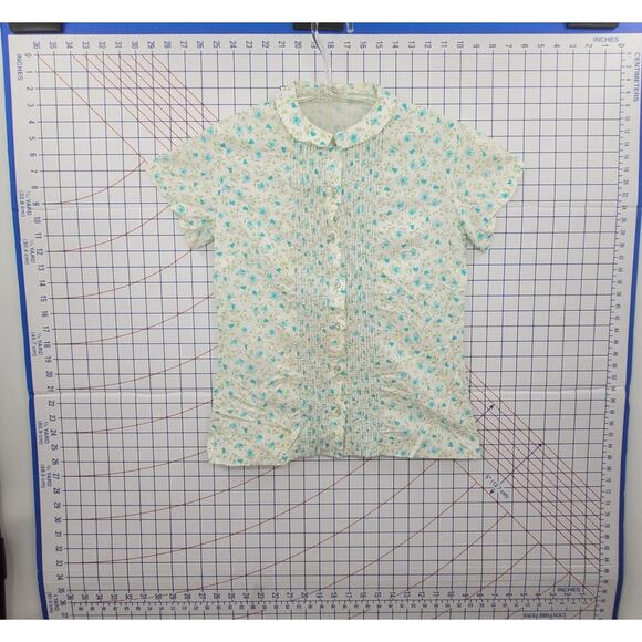 Vintage Floral Blue‎ Green Tuxedo Pleat Romantic Coquette Short Sleeve Blouse - Picture 4 of 10